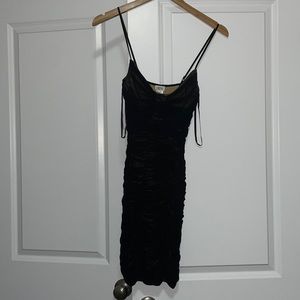 Black sheer body con dress with tan slip underneath size small